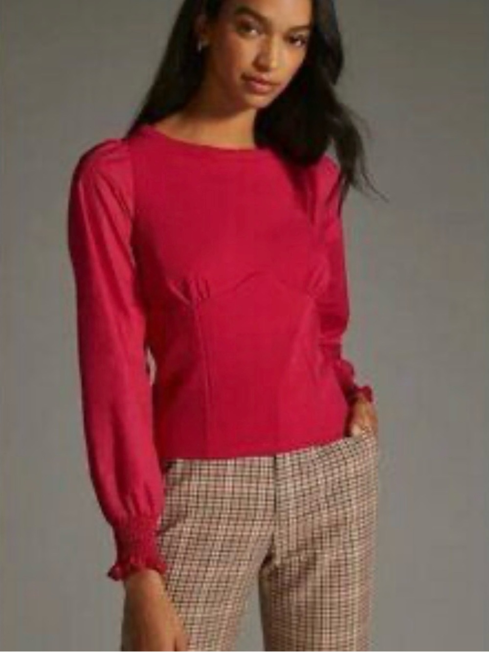 Anthropologie Women's Red Long-Sleeve Puff Shoulder Top